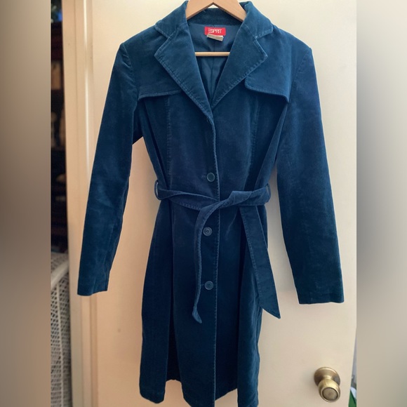 VTG Esprit Blue Cotton Velvet Trench Coat XS - Picture 13 of 15